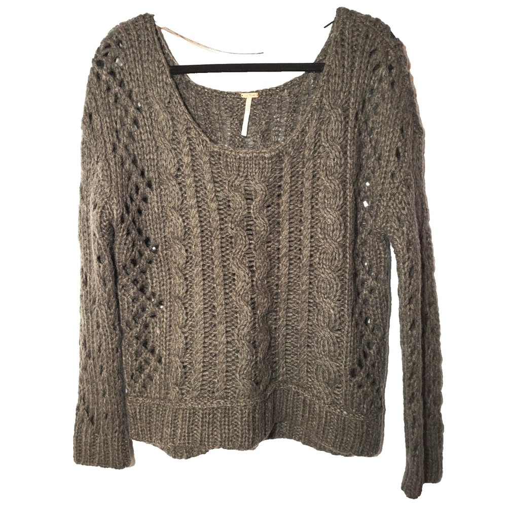 Free People Dark Gray‎ Open Weave Wool Blend Scoop Neck Sweater Size Small Boho